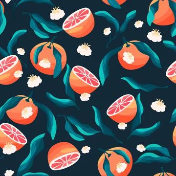 Seamless pattern with hand drawn oranges and floral elements. Stock Illustration