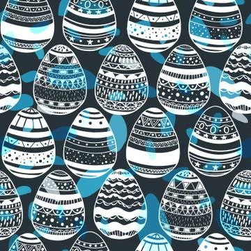 Seamless pattern with hand drawn ornamental eggs and colorful scattered con.. Stock Illustration