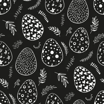 Seamless pattern with hand drawn ornamental eggs and colorful scattered con.. Stock Illustration