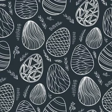 Seamless pattern with hand drawn ornamental eggs and colorful scattered con.. Stock Illustration