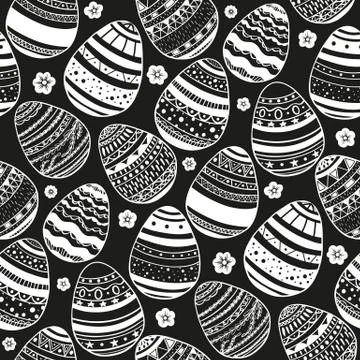 Seamless pattern with hand drawn ornamental eggs and colorful scattered con.. Stock Illustration