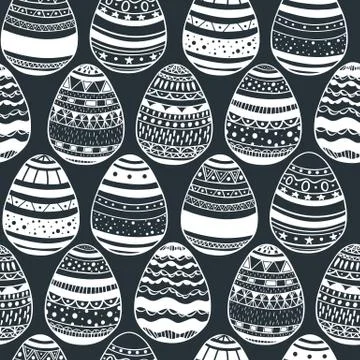 Seamless pattern with hand drawn ornamental eggs and colorful scattered con.. Stock Illustration
