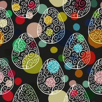 Seamless pattern with hand drawn ornamental eggs and colorful scattered con.. Stock Illustration