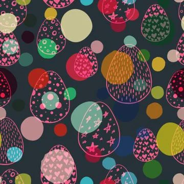 Seamless pattern with hand drawn ornamental eggs and colorful scattered con.. Stock Illustration