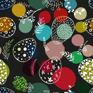 Seamless pattern with hand drawn ornamental eggs and colorful scattered con.. Stock Illustration
