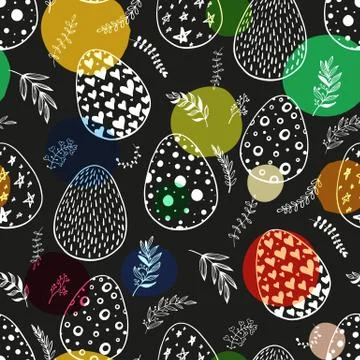Seamless pattern with hand drawn ornamental eggs and colorful scattered con.. Stock Illustration