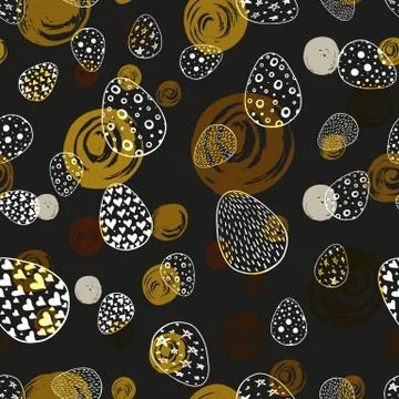 Seamless pattern with hand drawn ornamental eggs and golden scattered confett Stock Illustration