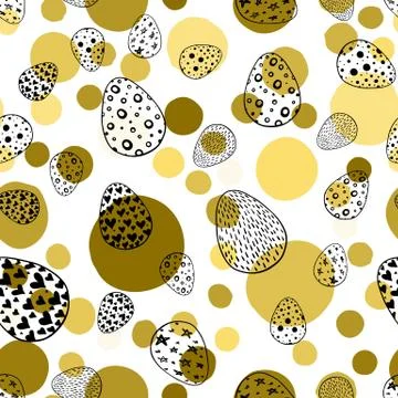 Seamless pattern with hand drawn ornamental eggs and colorful scattered con.. Stock Illustration