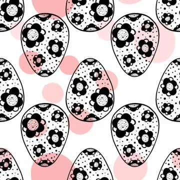 Seamless pattern with hand drawn ornamental eggs and colorful scattered con.. Stock Illustration