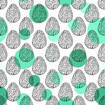 Seamless pattern with hand drawn ornamental eggs and colorful scattered con.. Stock Illustration