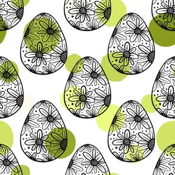 Seamless pattern with hand drawn ornamental eggs and colorful scattered con.. Stock Illustration