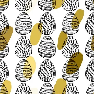 Seamless pattern with hand drawn ornamental eggs and colorful scattered con.. Stock Illustration