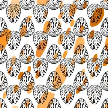 Seamless pattern with hand drawn ornamental eggs and colorful scattered con.. Stock Illustration