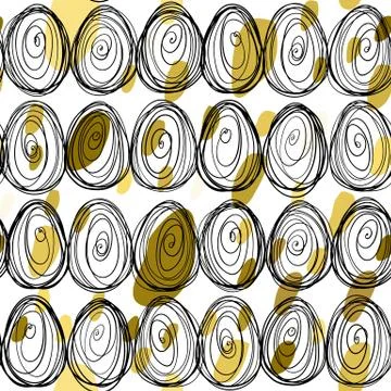 Seamless pattern with hand drawn ornamental eggs and colorful scattered con.. Illustrazione stock