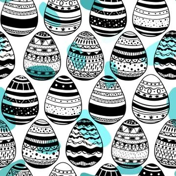 Seamless pattern with hand drawn ornamental eggs and colorful scattered con.. Stock Illustration