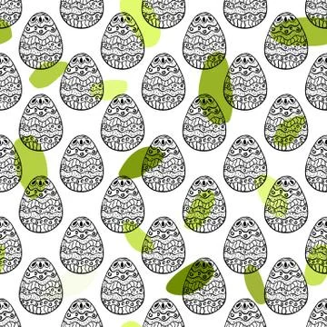 Seamless pattern with hand drawn ornamental eggs and colorful scattered con.. Stock Illustration