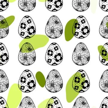 Seamless pattern with hand drawn ornamental eggs and colorful scattered con.. Stock Illustration