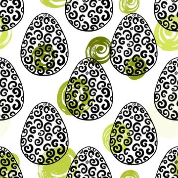 Seamless pattern with hand drawn ornamental eggs and colorful scattered con.. Stock Illustration