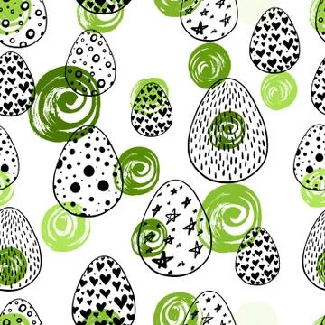 Seamless pattern with hand drawn ornamental eggs and colorful scattered con.. Stock Illustration