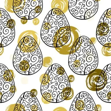 Seamless pattern with hand drawn ornamental eggs and colorful scattered con.. Stock Illustration