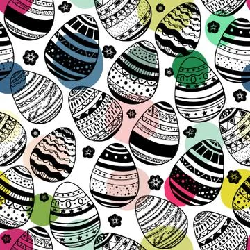 Seamless pattern with hand drawn ornamental eggs and colorful scattered con.. Illustrazione stock