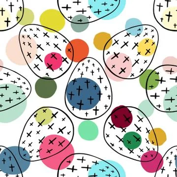 Seamless pattern with hand drawn ornamental eggs and colorful scattered con.. Stock Illustration