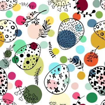 Seamless pattern with hand drawn ornamental eggs and colorful scattered con.. Stock Illustration