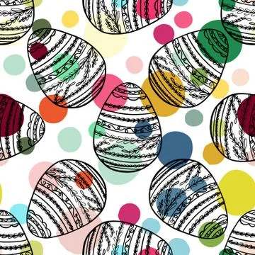 Seamless pattern with hand drawn ornamental eggs and colorful scattered con.. Stock Illustration