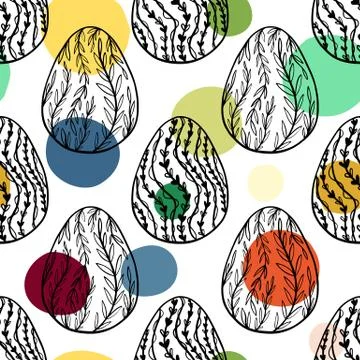 Seamless pattern with hand drawn ornamental eggs and colorful scattered con.. Stock Illustration