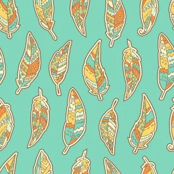 Seamless pattern with hand drawn ornate feathers on blue background Stock Illustration