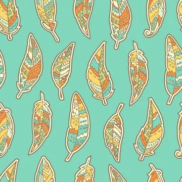 Seamless pattern with hand drawn ornate feathers on blue background. Seaml... 스톡 사진