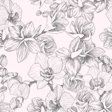 Seamless pattern. Hand drawn outline bouquet with orchid and plumeria. Highly Stock Illustration
