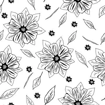 Seamless pattern of hand-drawn outline flowers and leaves. Floral elements Stock Illustration