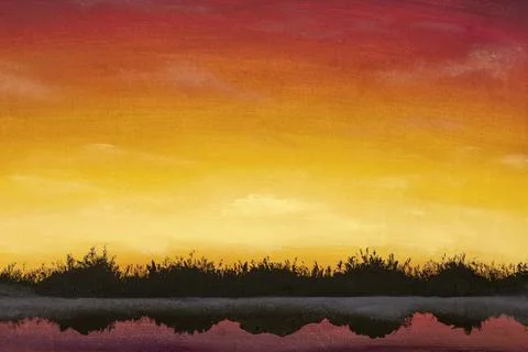 Seamless pattern of hand-drawn painting. Red, orange, yellow sunset over wate Ilustração Stock