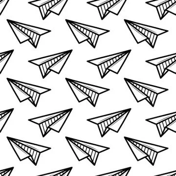 Seamless pattern hand drawn paper airplane. Doodle black sketch. Sign symbol. 스톡 일러스트