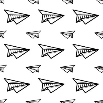 Seamless pattern hand drawn paper airplane. Doodle black sketch. Sign symbol. 스톡 일러스트