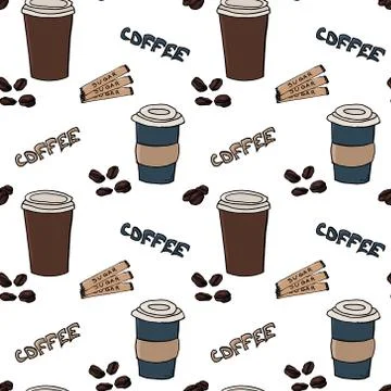 Seamless pattern hand drawn paper cup of coffee to go Stock Illustration