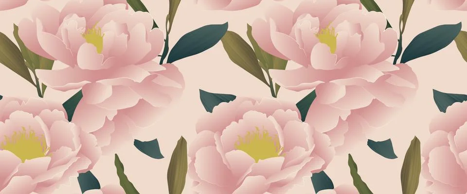 Seamless pattern, hand drawn pastel pink Peony flowers with leaves Stock Illustration
