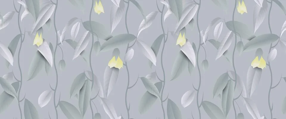 Seamless pattern, hand drawn pastel green leaves and yellow flowers Stock Illustration