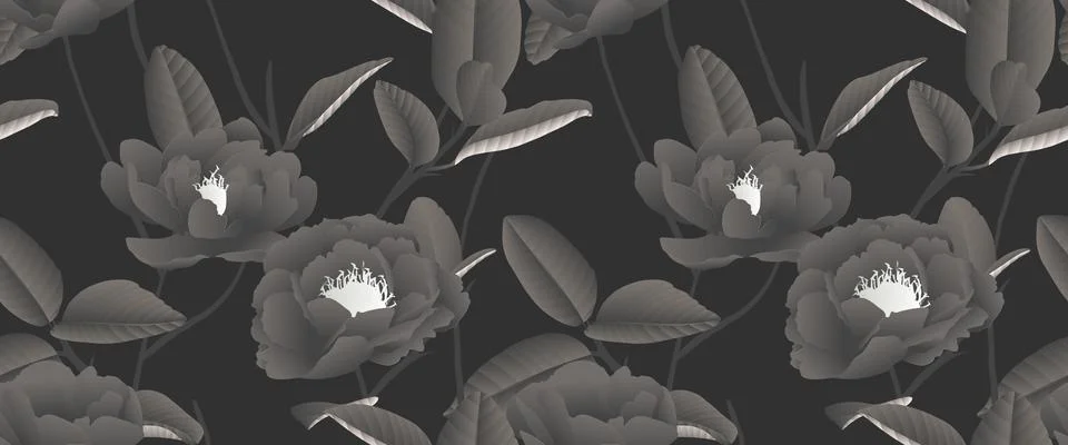 Seamless pattern, hand drawn pastel black Peony flowers with leaves on black Stock Illustration