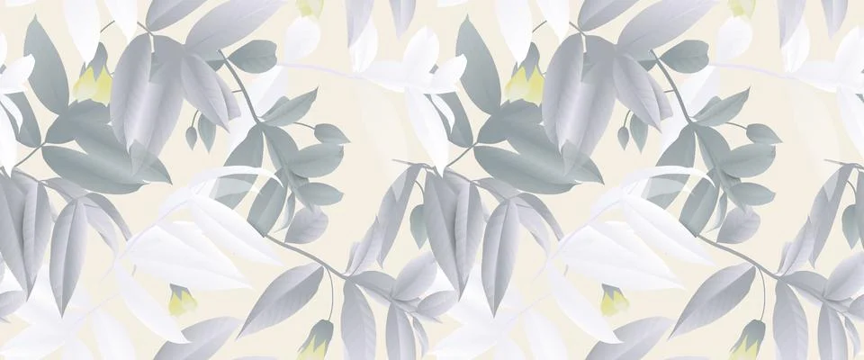Seamless pattern, hand drawn pastel green and white leaves with yellow flower Illustrazione stock