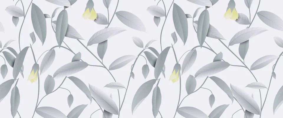 Seamless pattern, hand drawn pastel green leaves and yellow flowers Illustrazione stock