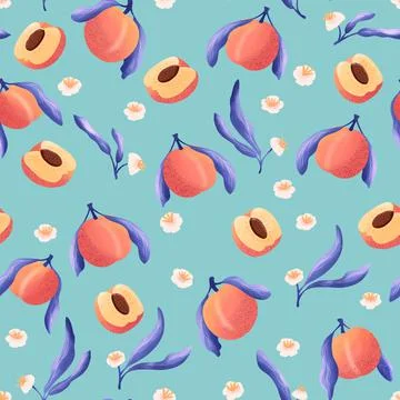 Seamless pattern with hand drawn peaches and floral elements. Stock Illustration