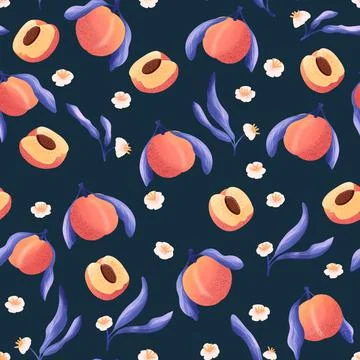Seamless pattern with hand drawn peaches and floral elements. Stock Illustration