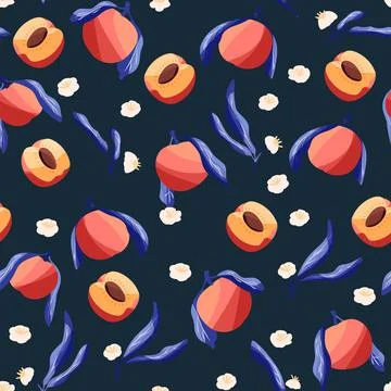 Seamless pattern with hand drawn peaches and floral elements. Stock Illustration
