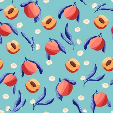 Seamless pattern with hand drawn peaches and floral elements. 스톡 일러스트