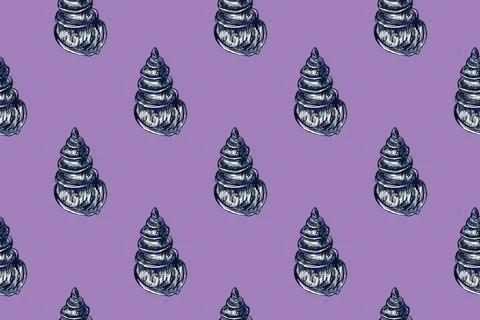 Seamless pattern with hand drawn pencil illustration of seashells Stock Illustration