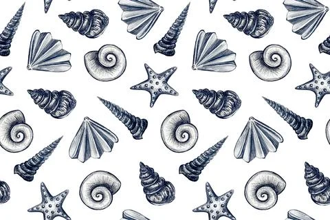 Seamless pattern with hand drawn pencil illustration of seashells Illustrazione stock