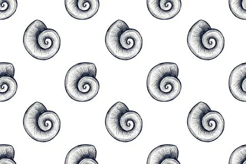 Seamless pattern with hand drawn pencil illustration of seashells Stock Illustration