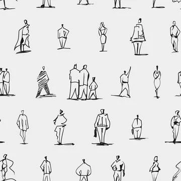 Seamless Pattern with Hand Drawn People Sketches Иллюстрация